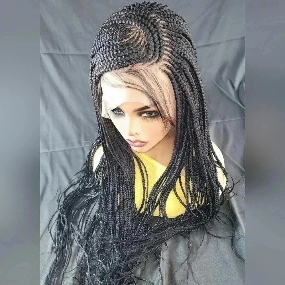 100% Handmade Black Braided Lace Wig with Micro Million Braids, Feeding cornrows